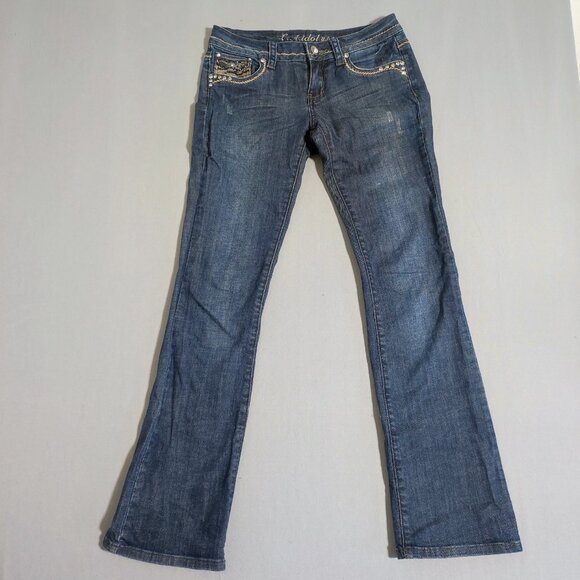 L.A.Idol flare jeans women's junior size 7 dark wash blue rhinestones decor - Picture 1 of 15